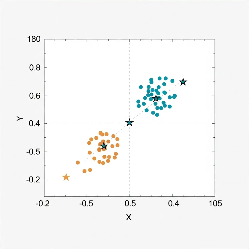 2D scatter plot showing three distinct data clusters with marked centroids and clear separation.