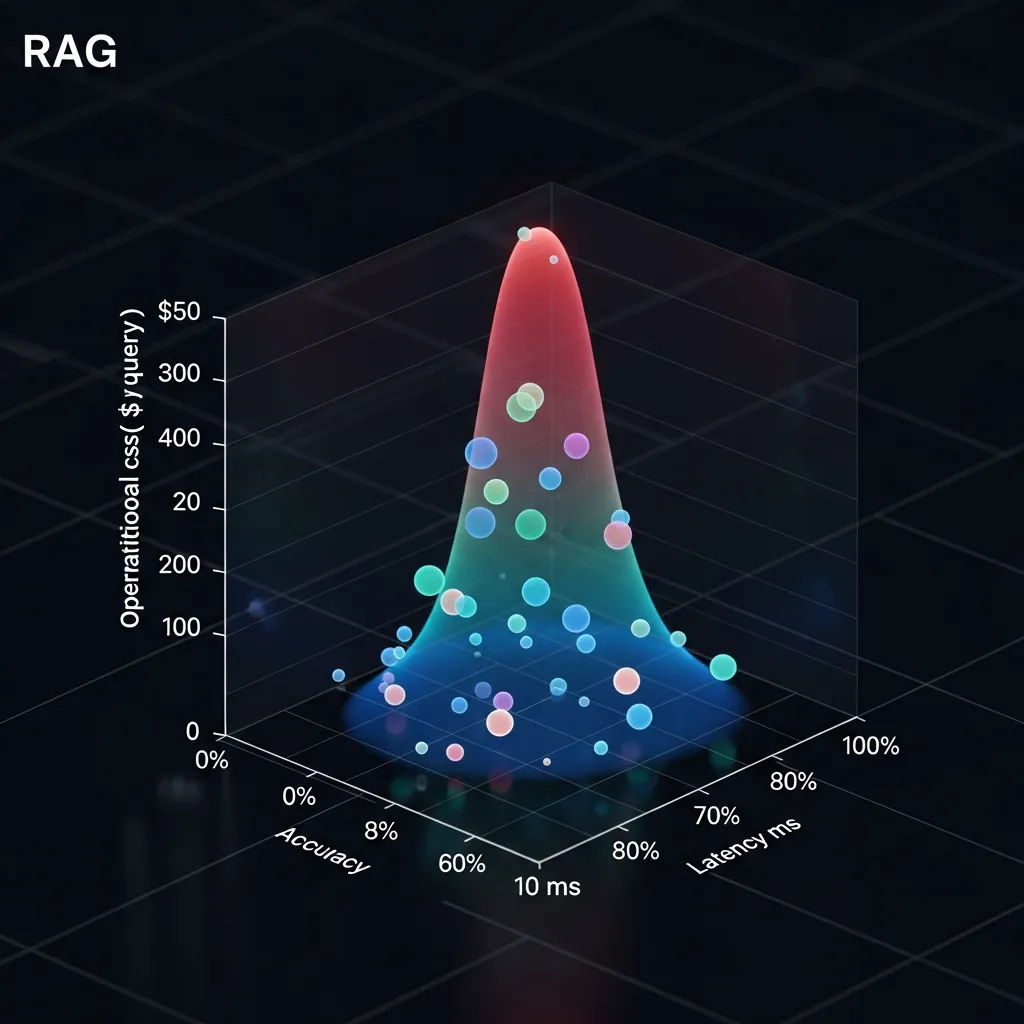 3D scatter plot illustrating the trade-off between RAG accuracy, latency, and cost for AI performance evaluation.