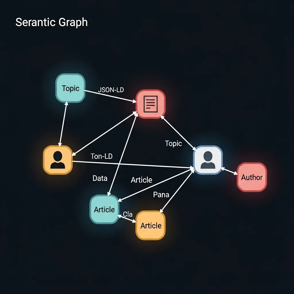 A diagram showing structured data connecting entities to build a semantic graph for SEO topical authority.