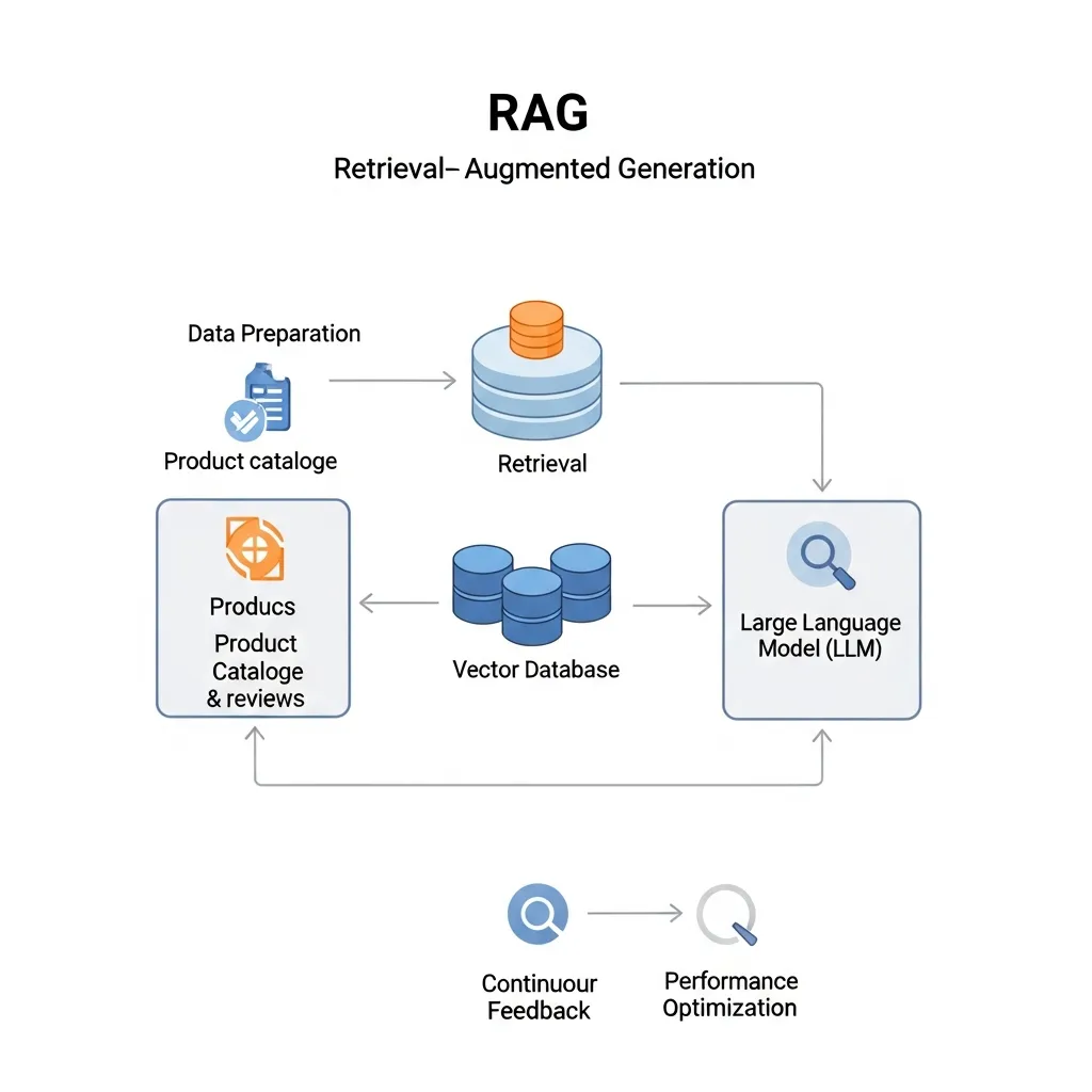 A multi-stage diagram illustrating the RAG implementation workflow for e-commerce SEO and search visibility.