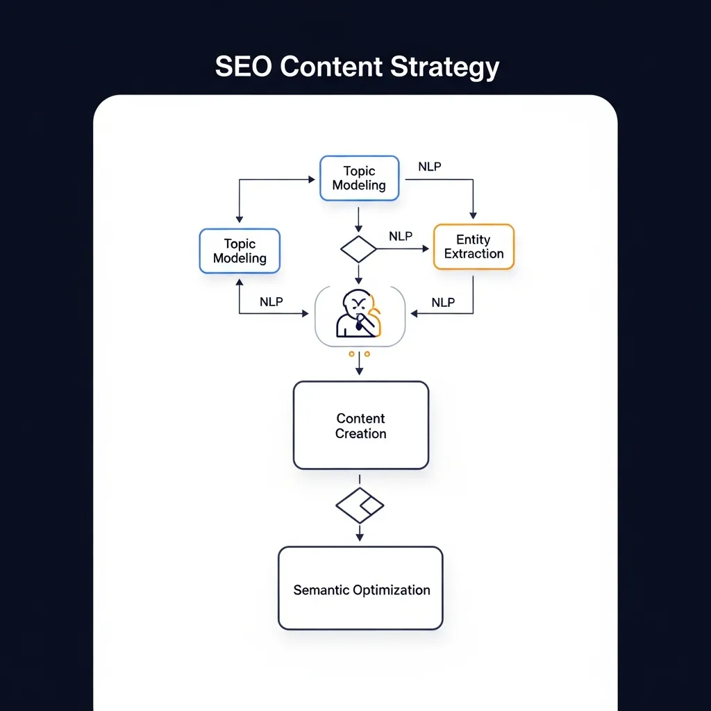 A multi-step workflow diagram showing NLP techniques like topic modeling used for semantic SEO content optimization.