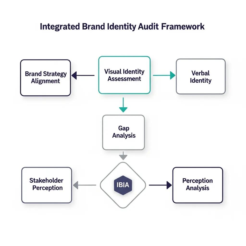 A strategic flowchart illustrating the Integrated Brand Identity Audit Framework for maintaining brand consistency and alignment.