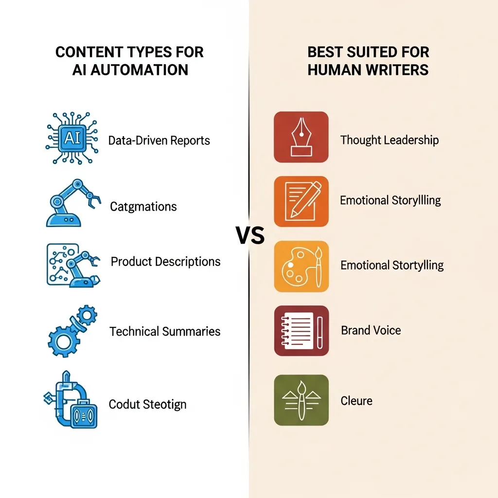 A two-column chart comparing AI-automated content types with human-led creative writing strategies.