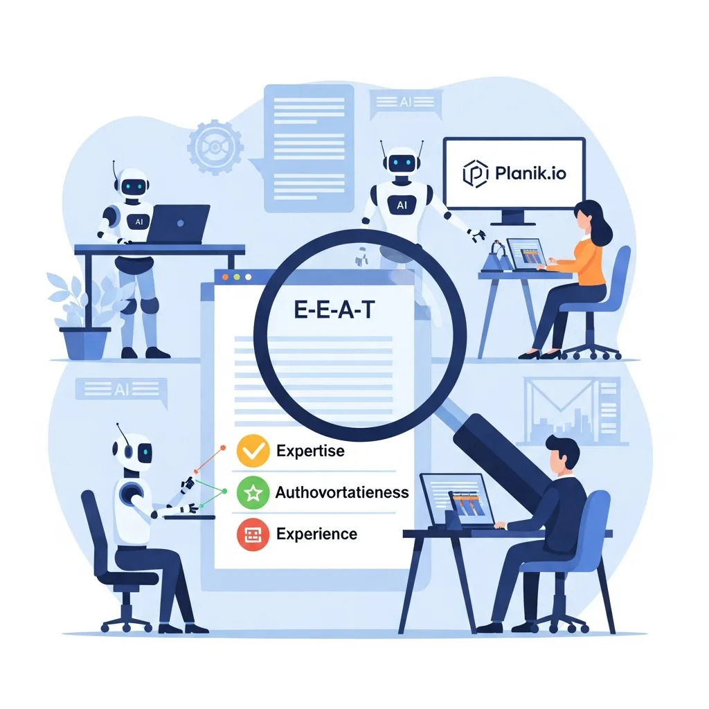 AI robots and human editors collaborating on E-E-A-T content strategy for Planik.io search authority.