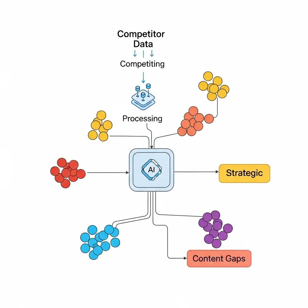 AI workflow diagram illustrating semantic clustering and competitor content gap analysis for scalable strategies.