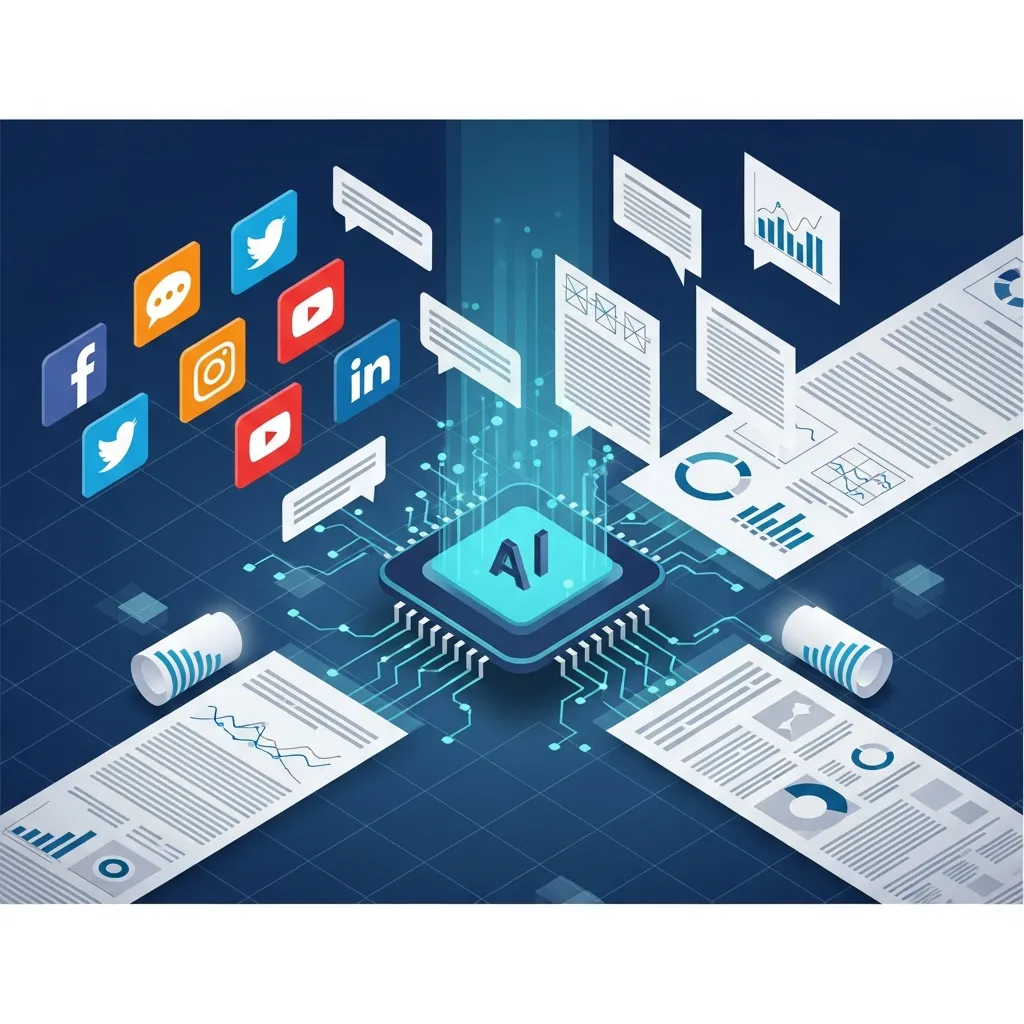 An isometric illustration showing AI generating diverse content types from social media posts to technical documents.