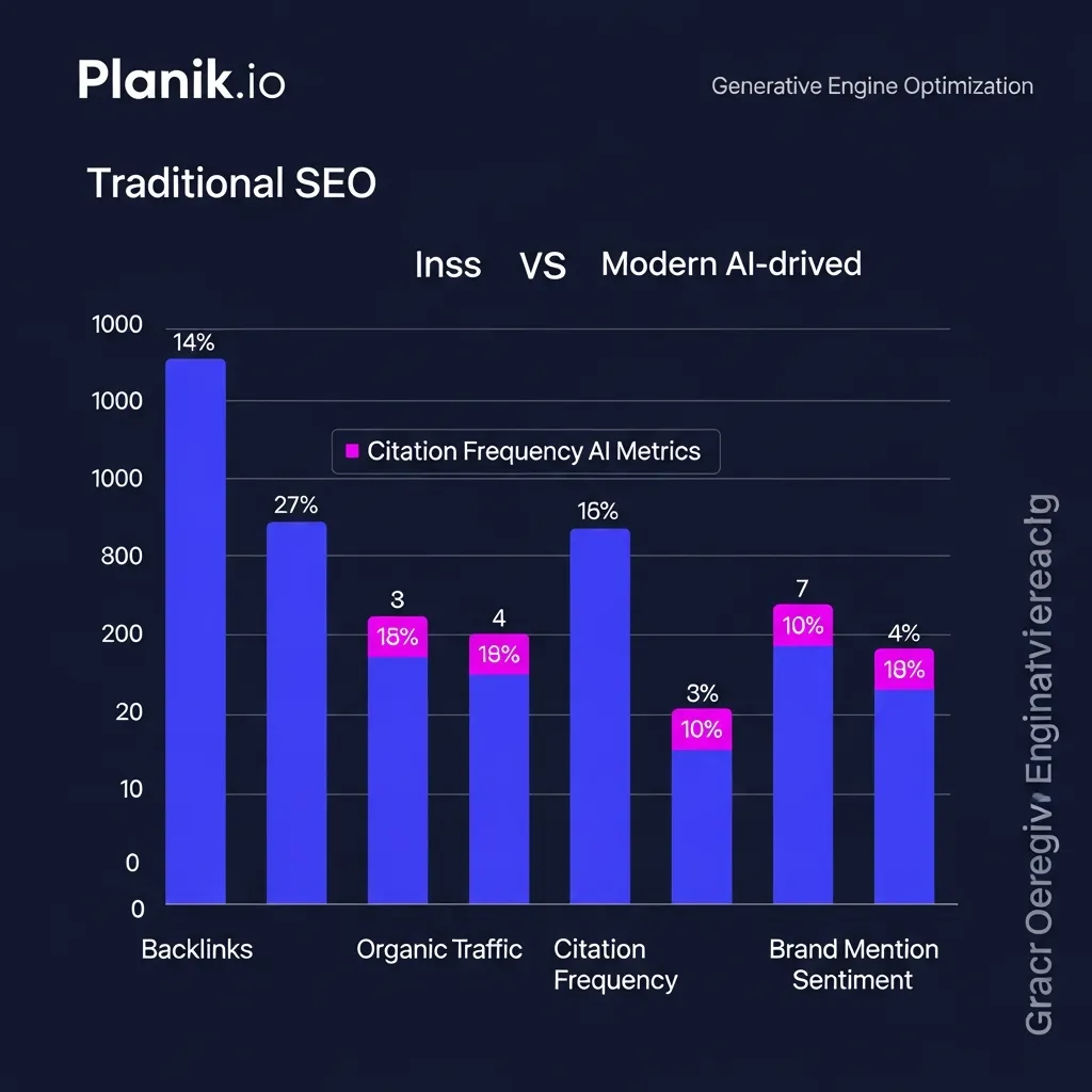 Bar chart by Planik.io comparing traditional SEO metrics with AI-driven GEO metrics like citation frequency.