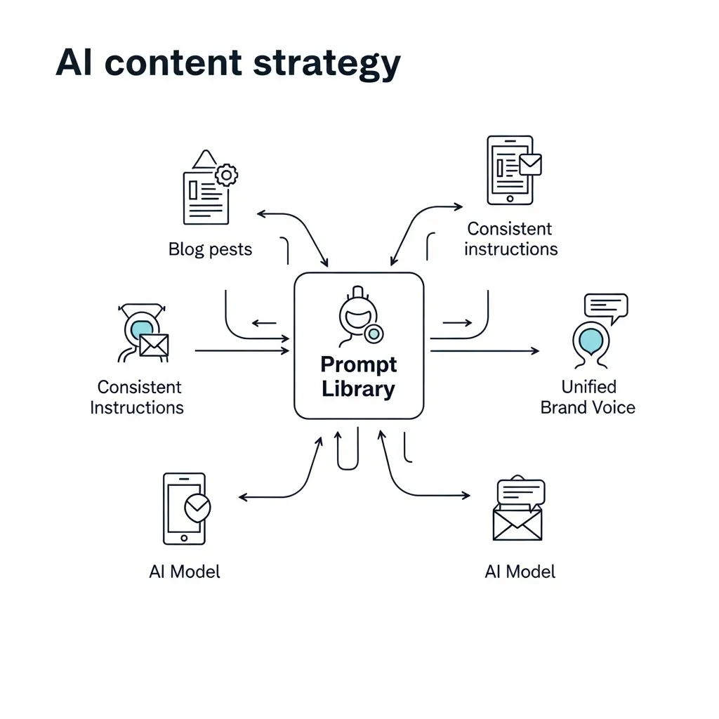 Centralized prompt library diagram feeding consistent instructions to AI models for scalable content strategy.