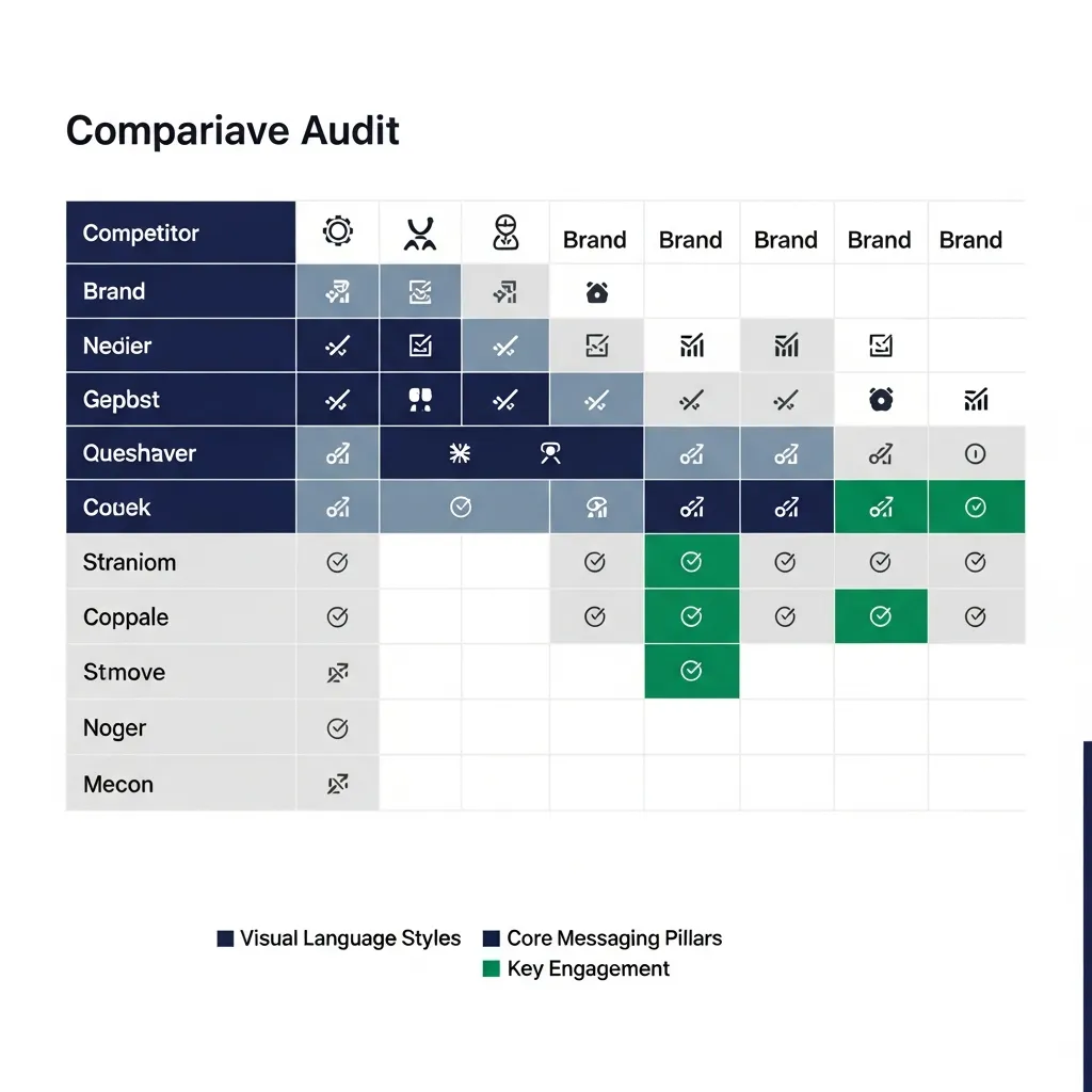 Comparative brand identity audit chart analyzing competitor visual language, messaging, and engagement metrics for strategic consistency.