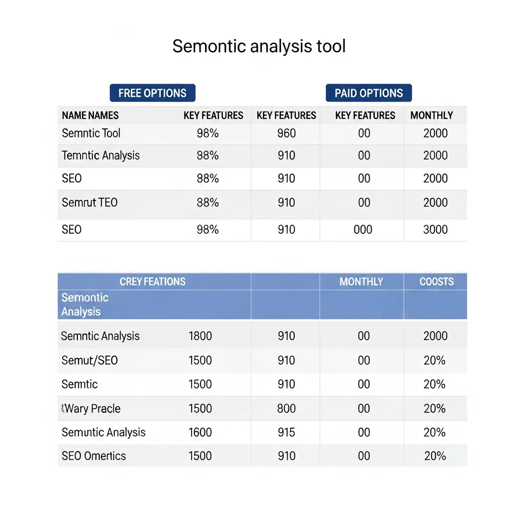 Comparison chart of free and paid semantic analysis tools for mastering SEO topical authority.