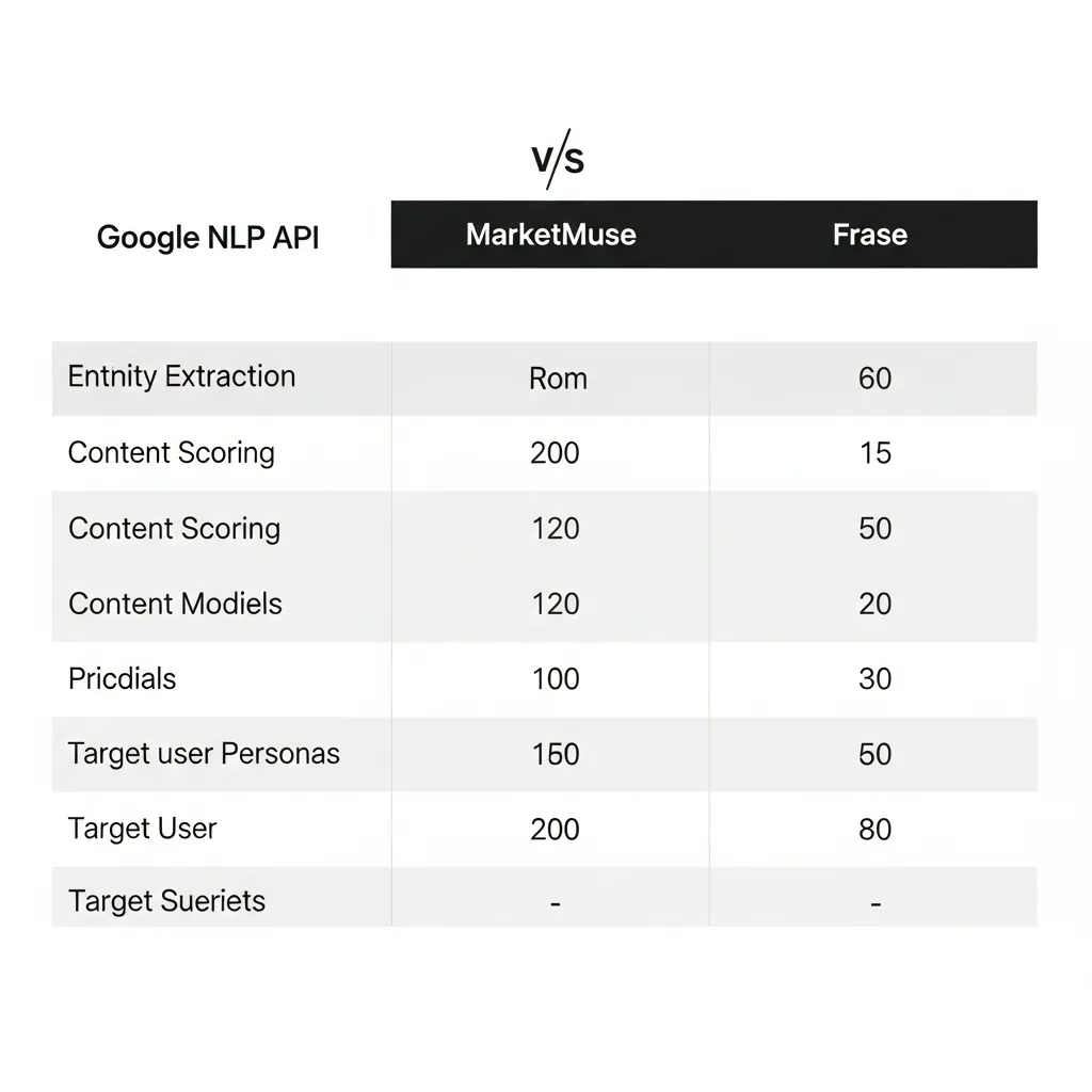 Comparison chart of Google NLP API, MarketMuse, and Frase for semantic content optimization and SEO.