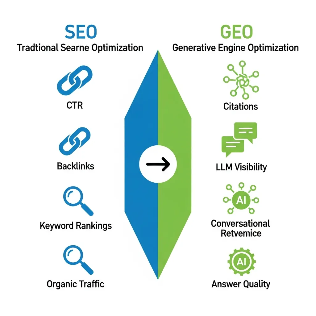Comparison chart showing traditional SEO metrics versus new generative engine optimization metrics for AI search.