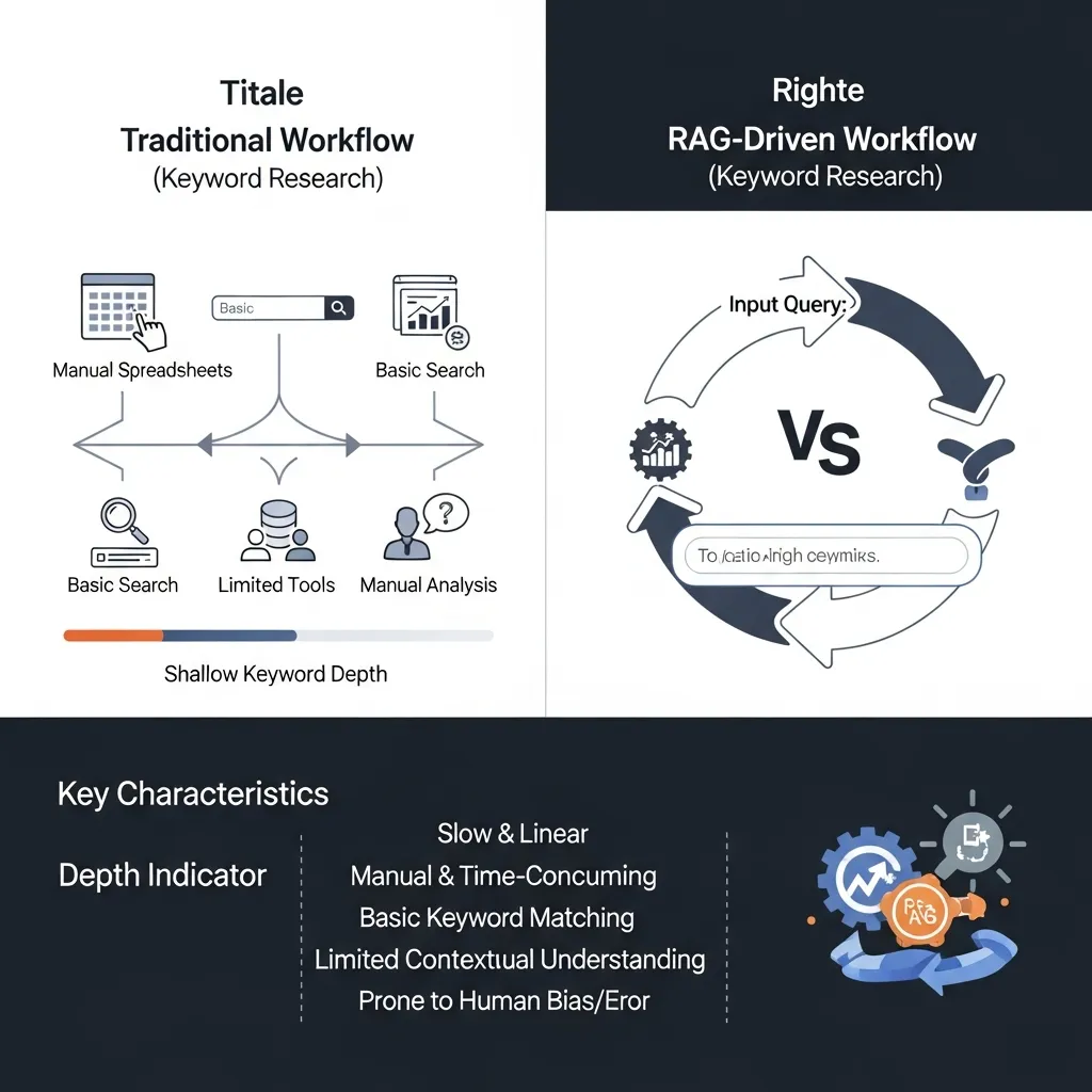 Comparison diagram showing speed and depth of RAG versus traditional keyword research workflows.