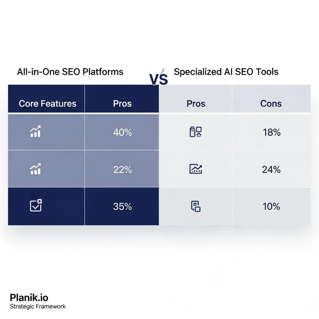 Comparison matrix of all-in-one SEO platforms versus specialized AI tools by Planik.io for modern marketers.