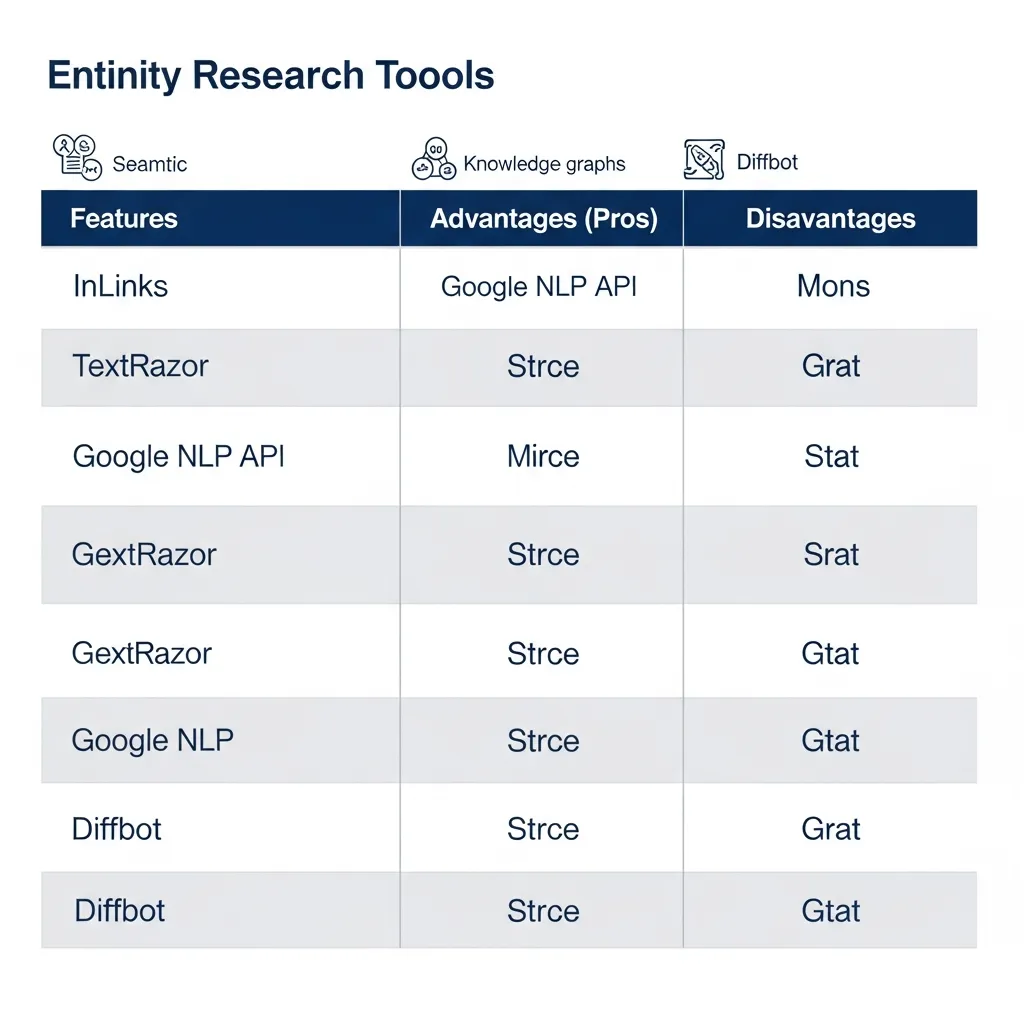 Comparison table of entity research tools including InLinks and Google NLP for semantic SEO strategy.