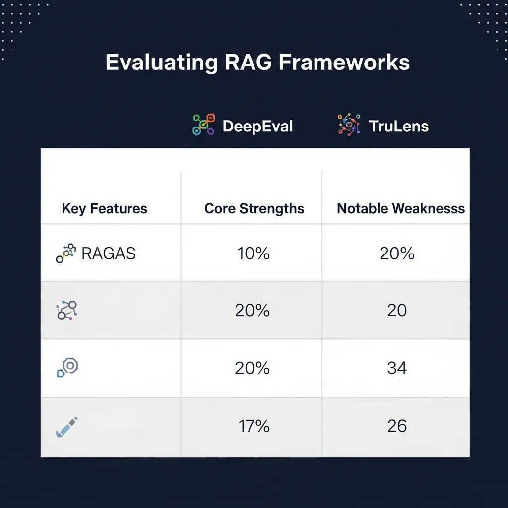 Comparison table of RAGAS, DeepEval, and TruLens frameworks for evaluating RAG AI performance and metrics.