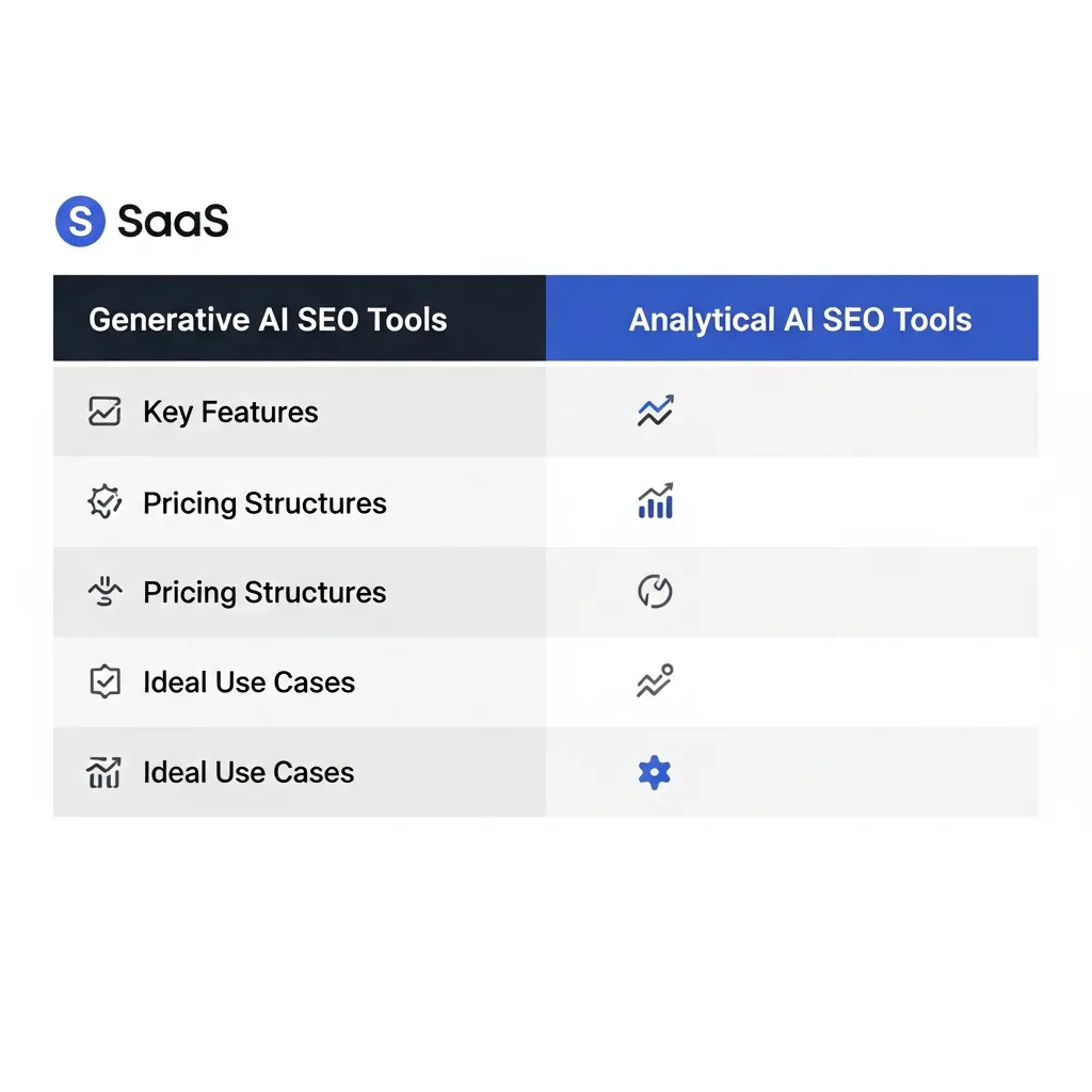 Comparison table showing features, pricing, and use cases for generative and analytical AI SEO tools.