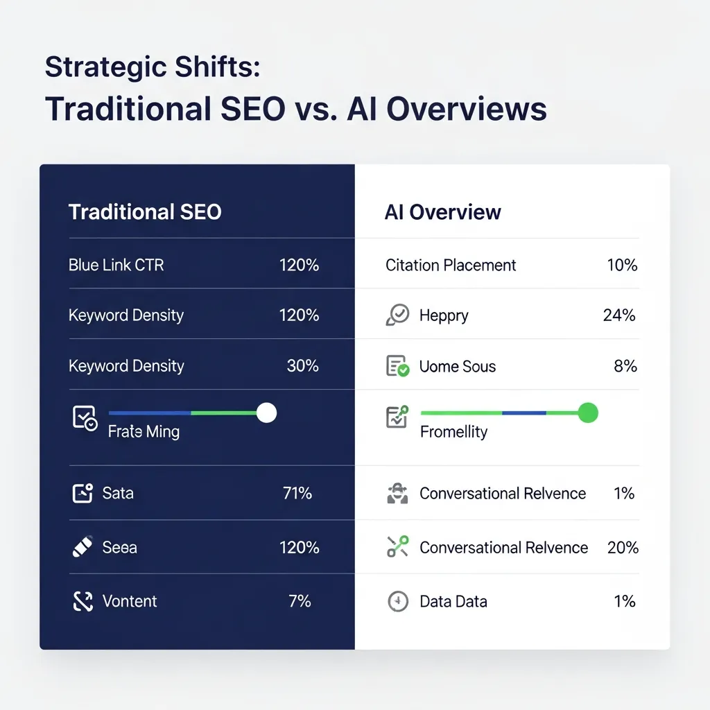 Comparison table showing strategic shifts from traditional SEO metrics to AI Overviews content focus.