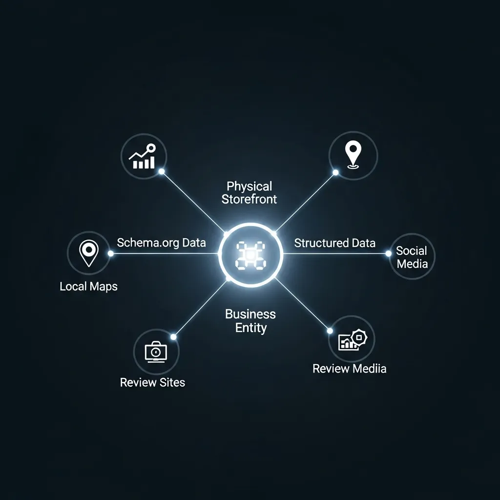 Conceptual diagram illustrating structured data connecting online and offline business entities for Generative Engine Optimization.