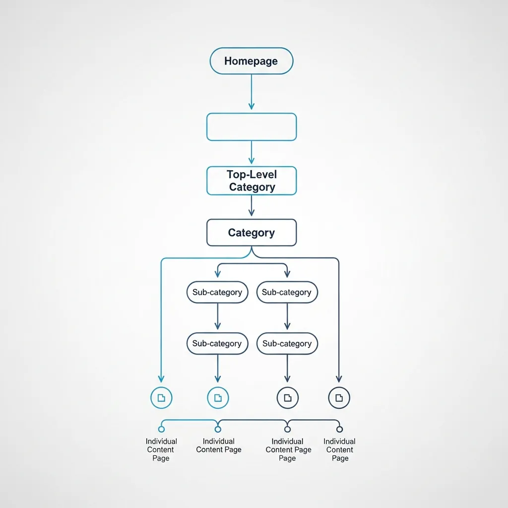 Conceptual diagram of an SEO content silo structure showing categories, sub-categories, and individual pages.
