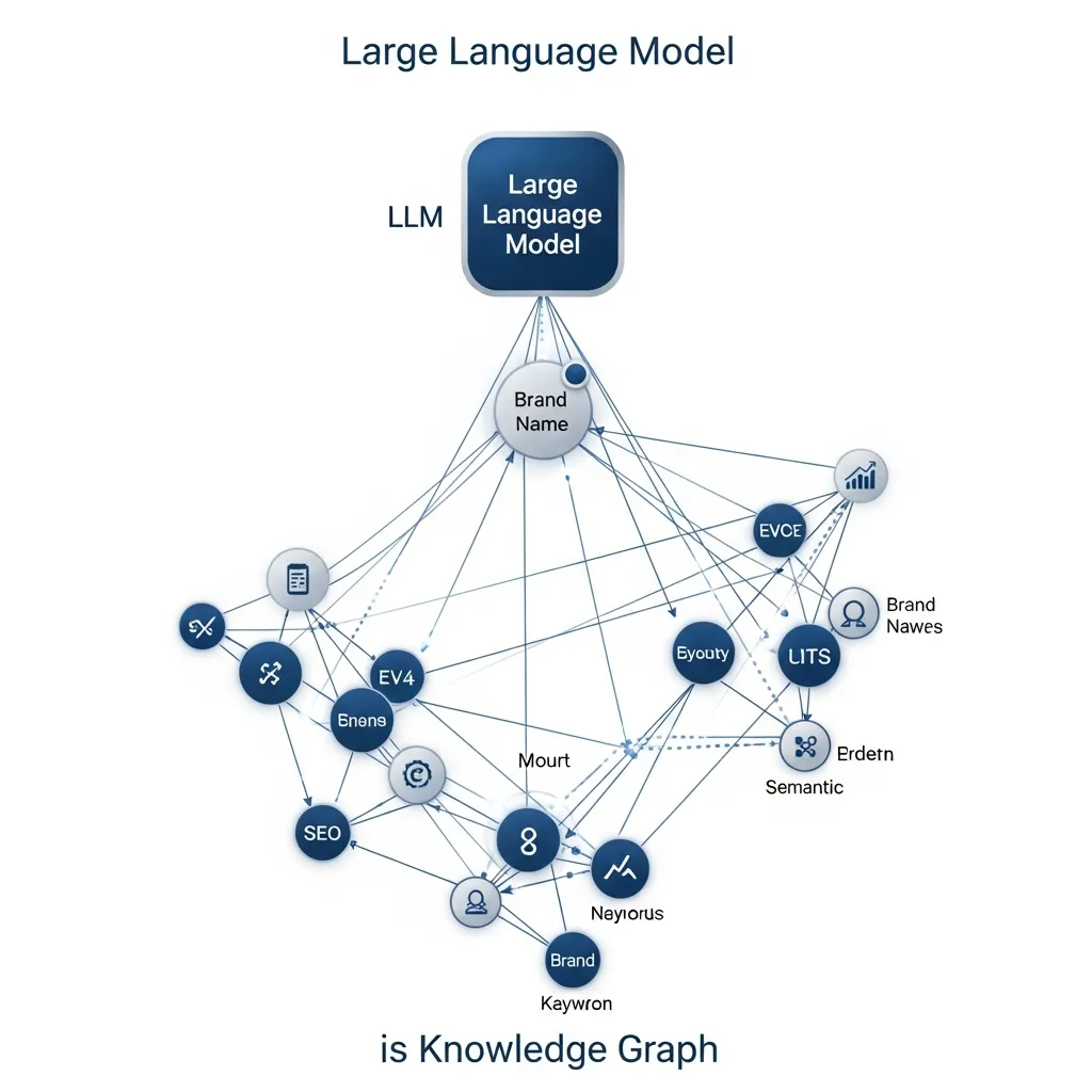 Conceptual diagram showing an LLM connecting brand mentions to keywords and entities in a knowledge graph.
