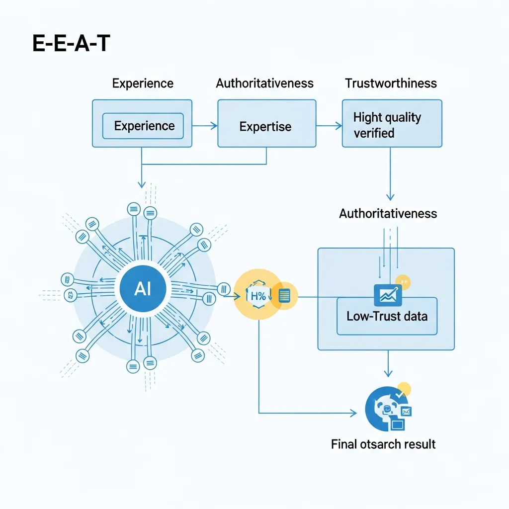Conceptual diagram showing E-E-A-T factors filtering content selection for AI-driven query fan out optimization.