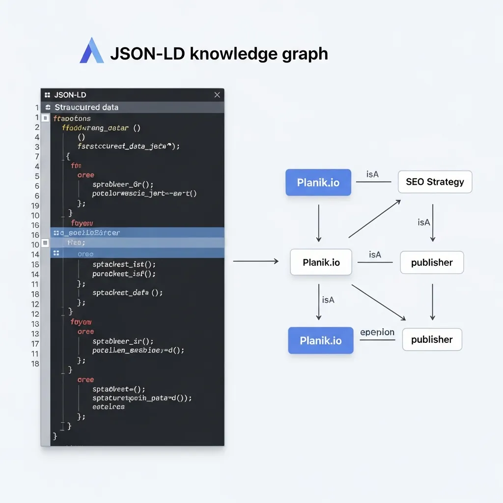 Conceptual diagram showing JSON-LD structured data defining entity relationships for Planik.io semantic search strategy.
