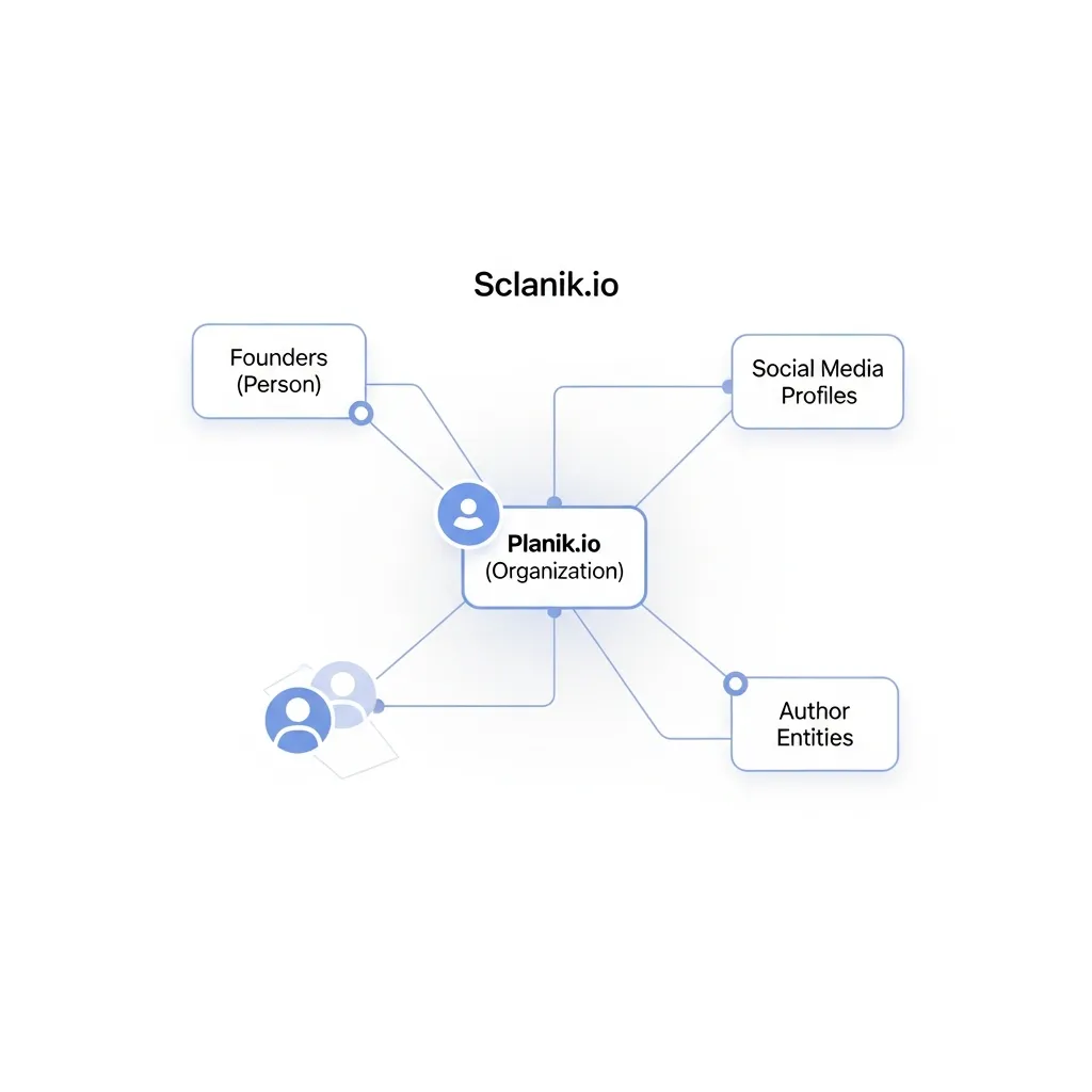 Conceptual diagram showing Organization and Person schema types linking to form the Planik.io brand entity.