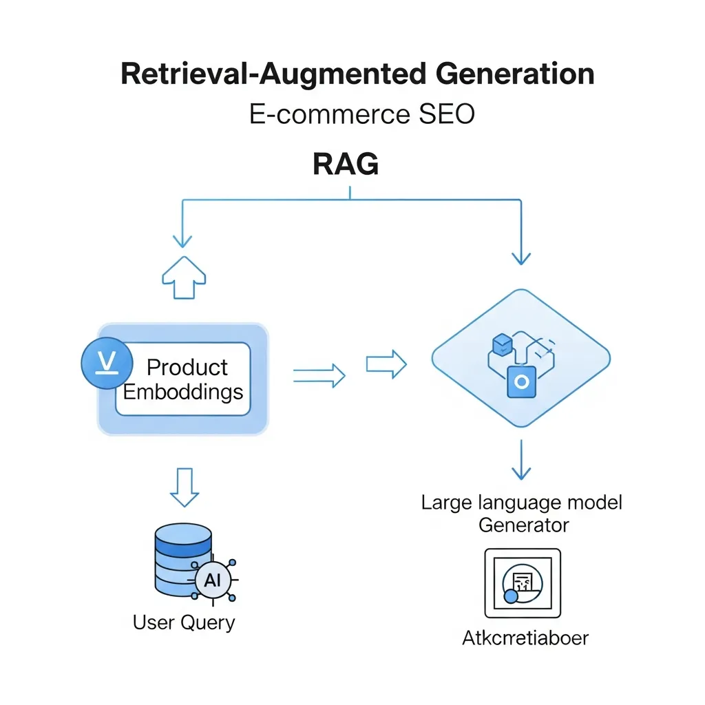 Conceptual diagram showing RAG data flow from query to retriever and generator for e-commerce SEO.