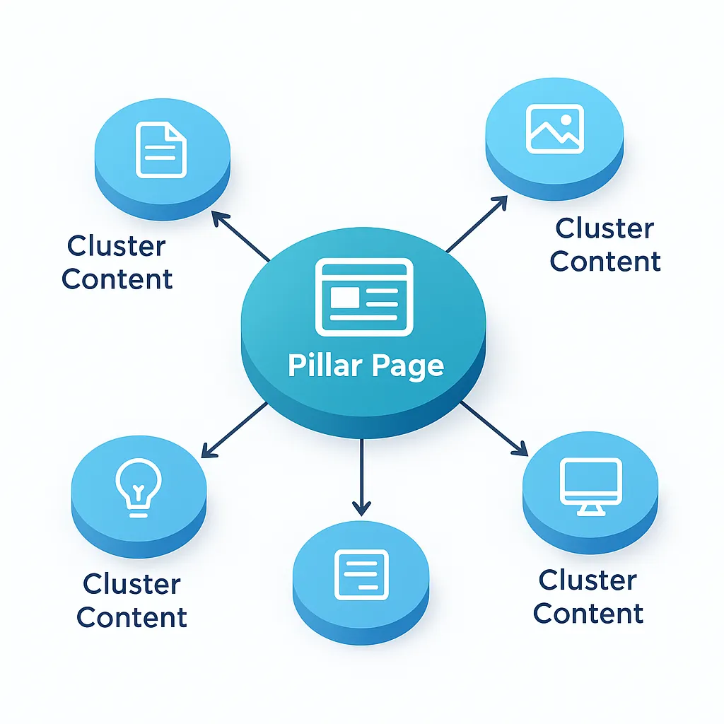 Content cluster diagram showing a central pillar page with bidirectional internal linking to various sub-topic cluster pieces.