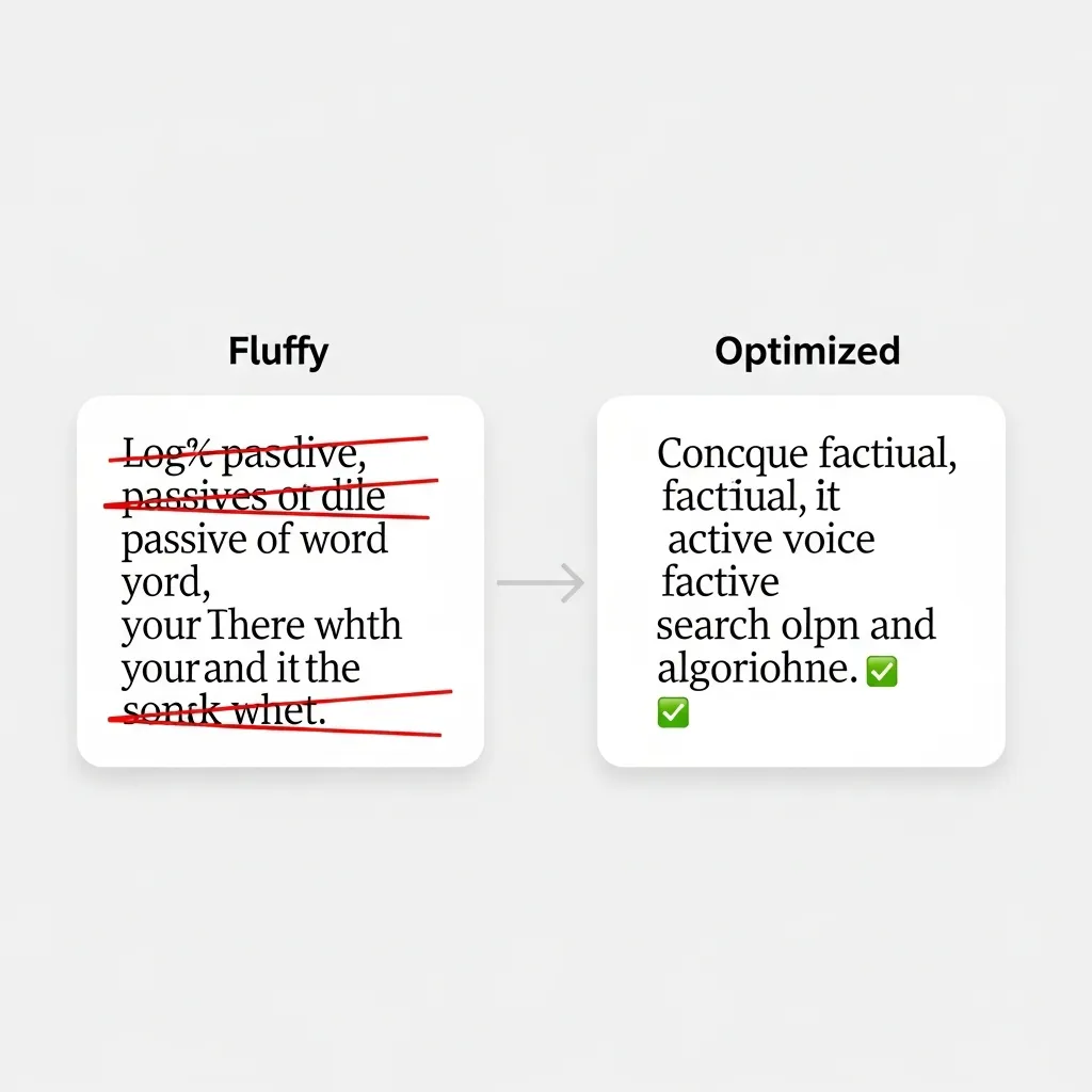 Diagram comparing a fluffy sentence to a concise, active voice sentence for AI search optimization.