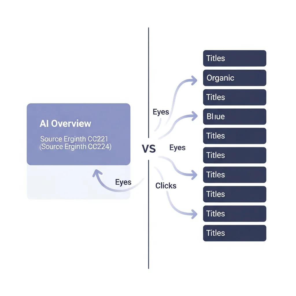 Diagram comparing AI Overviews and traditional blue links on a search results page for SEO visibility.