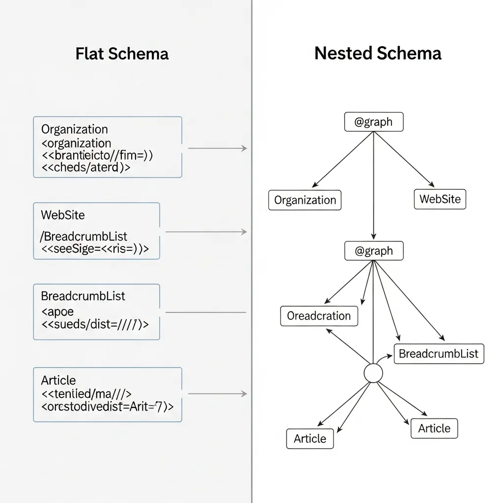 Diagram comparing flat JSON-LD schema blocks to a unified, interconnected nested schema tree for semantic SEO.