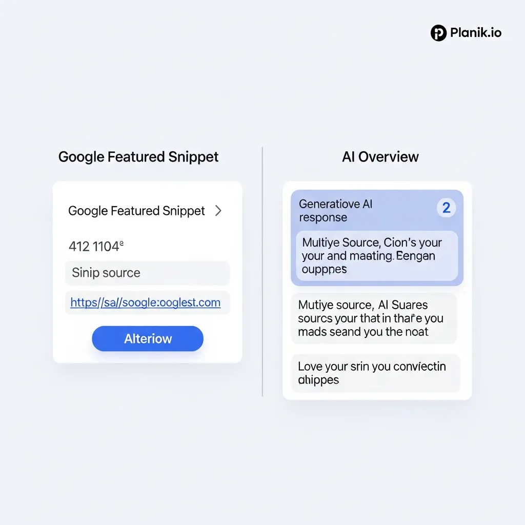 Diagram comparing Google AI Overviews and Featured Snippets for SEO optimization by Planik.io.