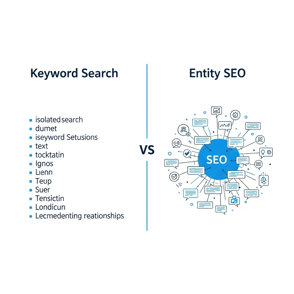 Diagram comparing keyword search strings versus entity-based semantic understanding for measuring topical authority in SEO.