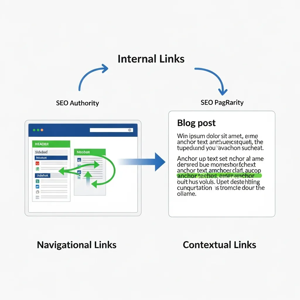 Diagram comparing navigational menu links and contextual in-body links for strategic SEO internal linking structure.
