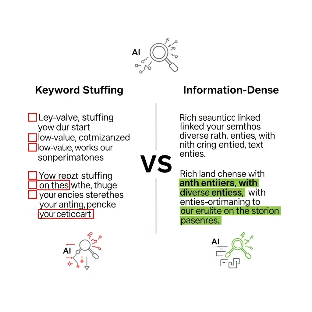 Diagram comparing repetitive keyword stuffing versus high-quality information-dense sentences for AI search engine optimization.