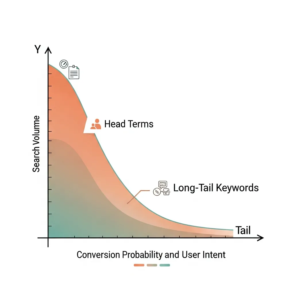 Diagram comparing search volume and conversion intent for head terms versus long-tail keywords.