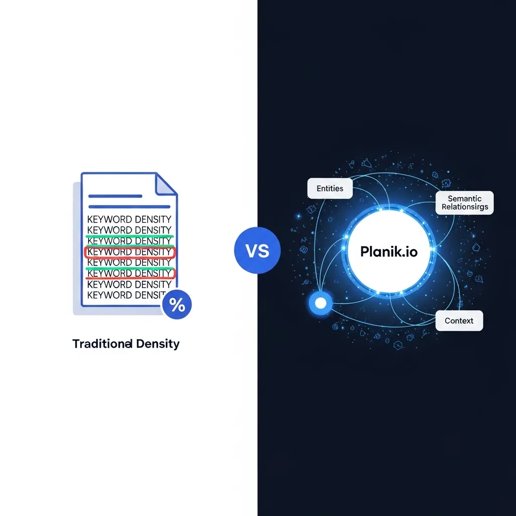 Diagram comparing traditional keyword density SEO versus Planik.io's modern entity-based semantic search optimization strategy.