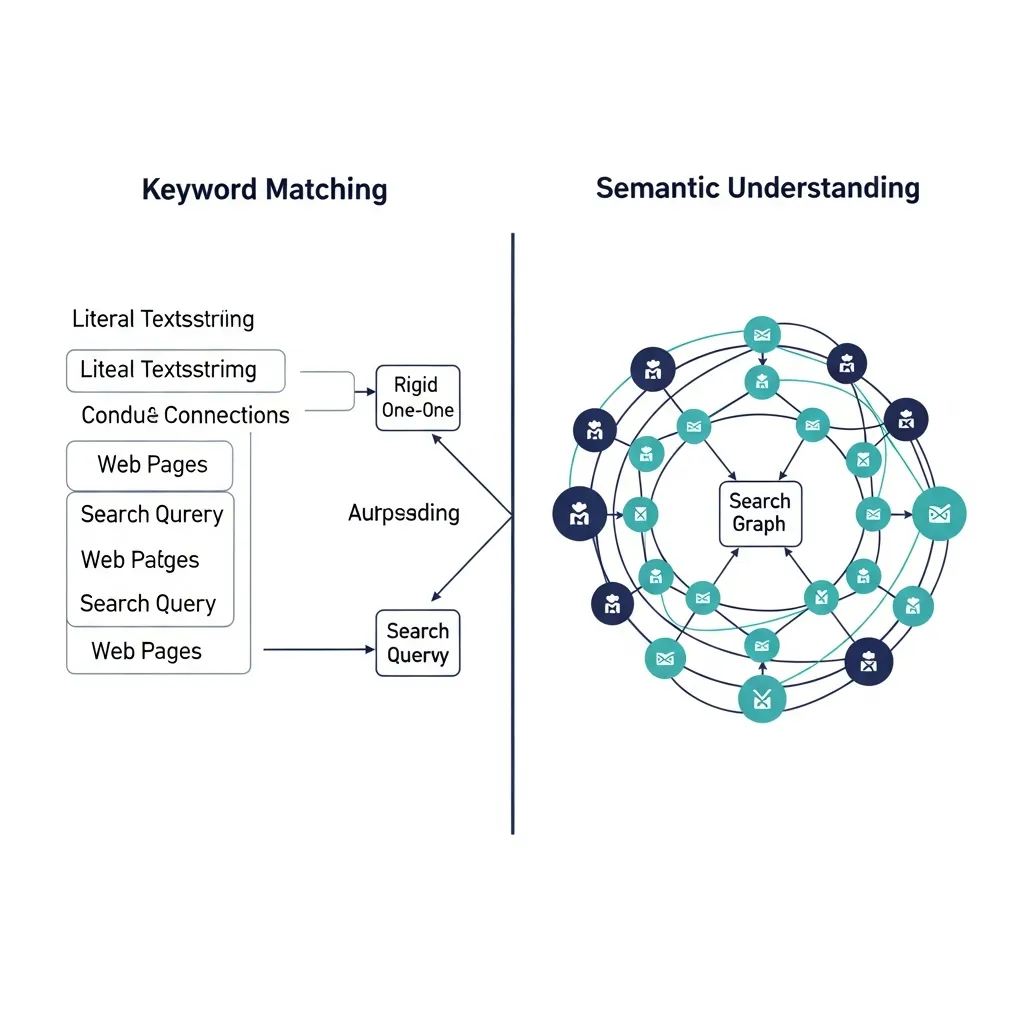 Diagram comparing traditional keyword matching versus modern semantic search and entity-based SEO strategies.