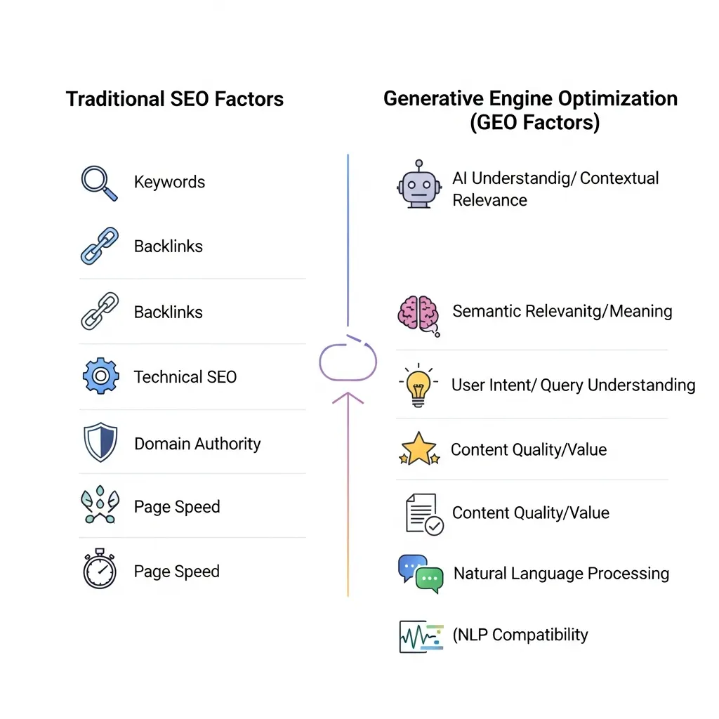Diagram comparing traditional SEO factors with generative engine optimization (GEO) factors for AI search.