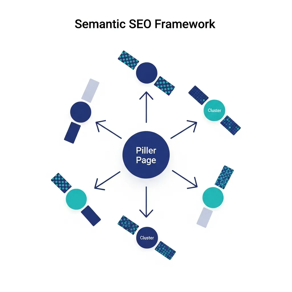 Diagram illustrating a semantic SEO topic cluster model with a central pillar and supporting content.