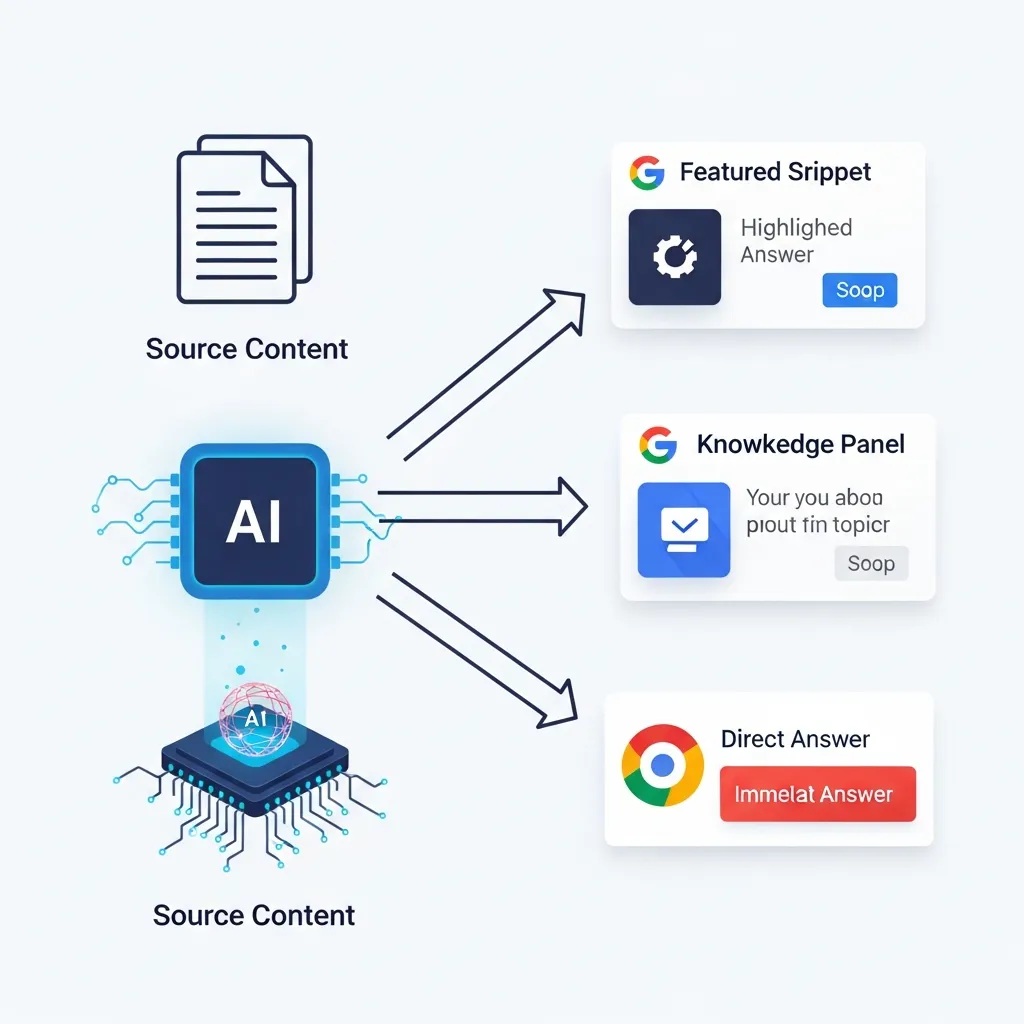 Diagram illustrating AI data extraction for featured snippets, knowledge panels, and direct answers in search results.