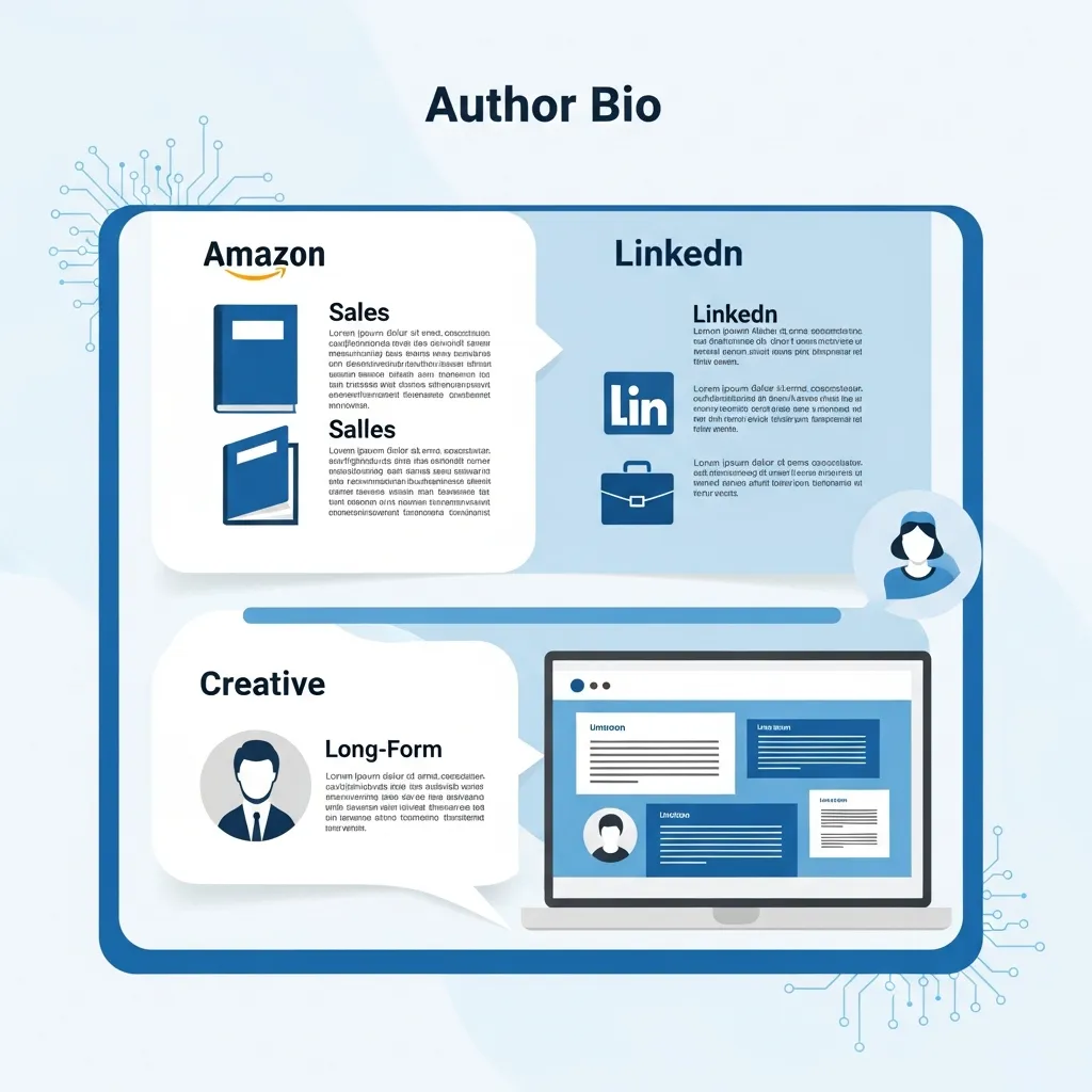 Diagram illustrating different AI author bio lengths and tones for Amazon, LinkedIn, and personal websites.