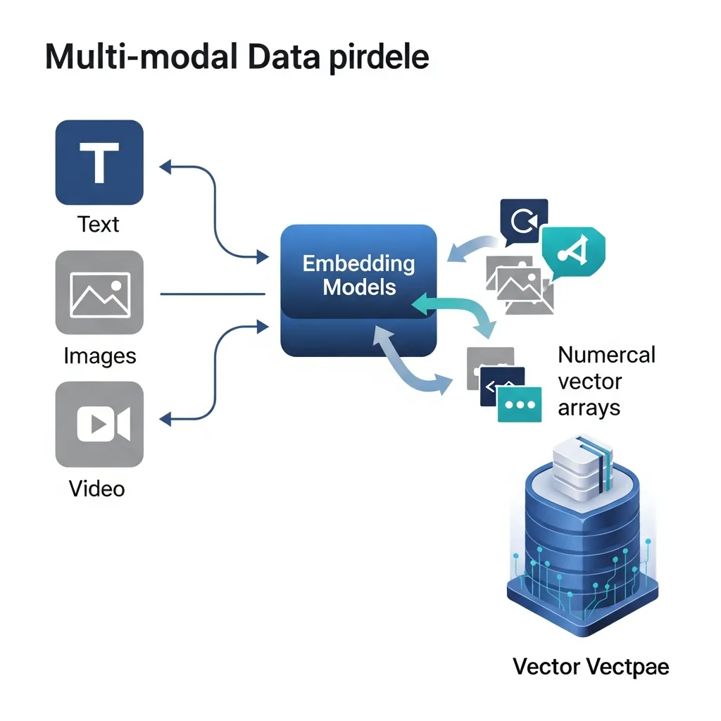 Diagram illustrating multi-modal data processing into embeddings for e-commerce RAG SEO vector databases.