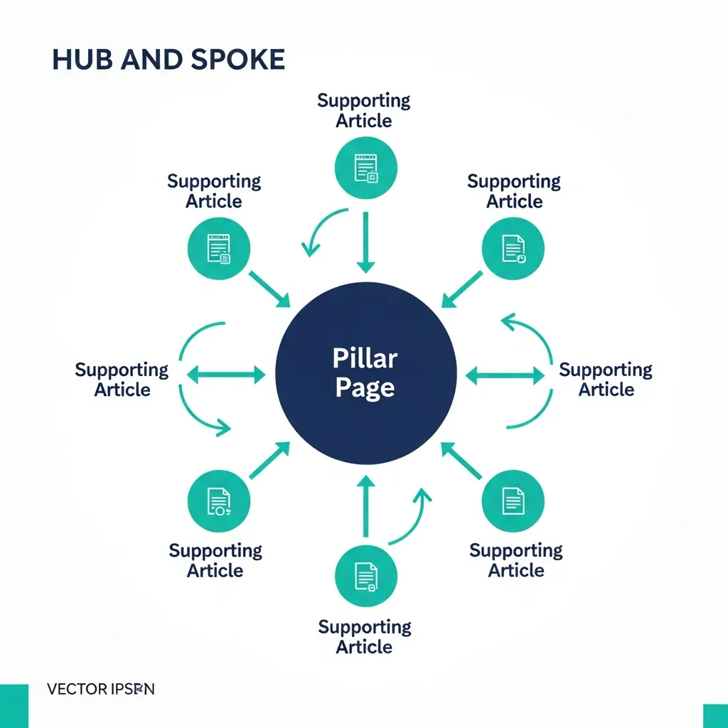 Diagram illustrating the hub and spoke internal linking strategy for optimized SEO website site structure.