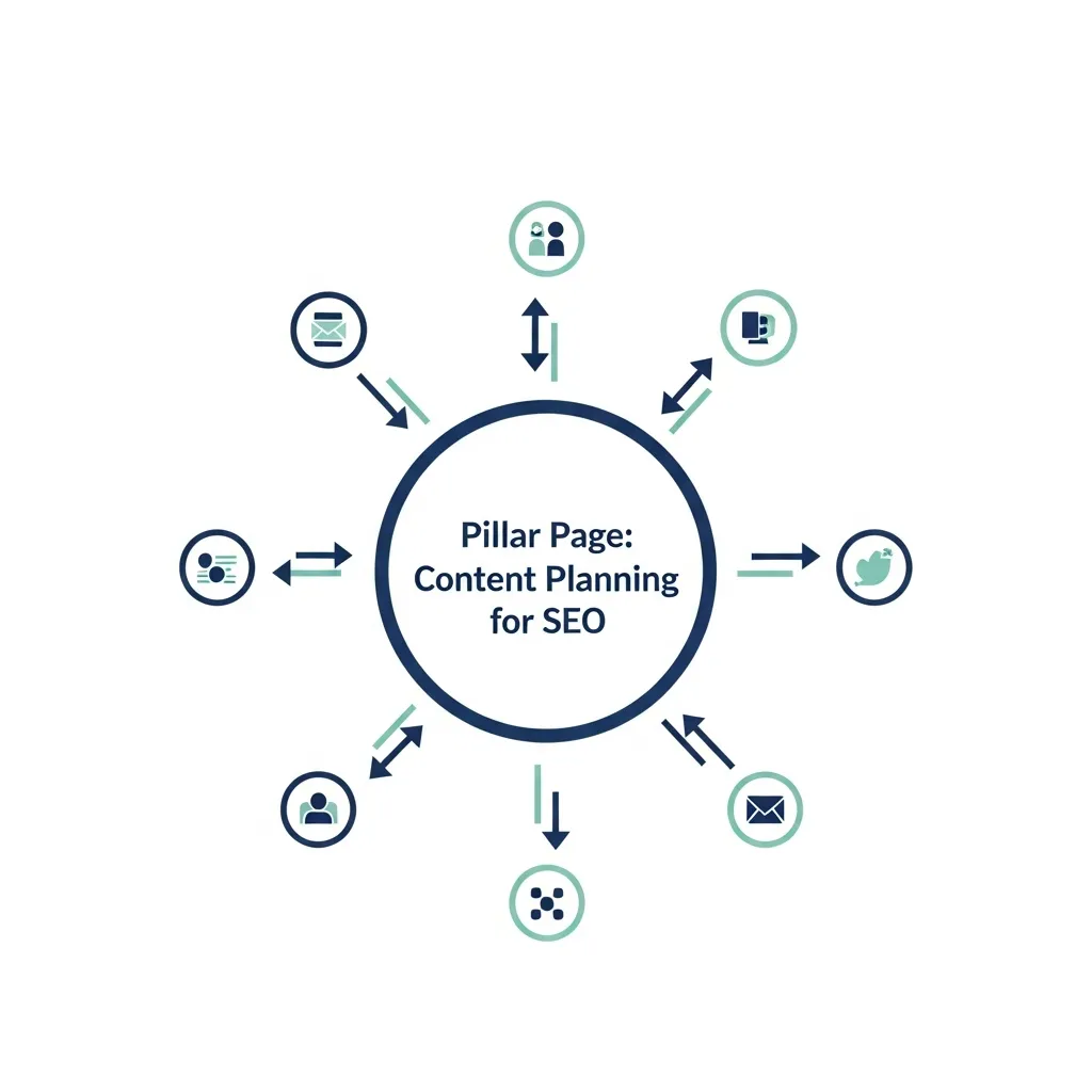 Diagram illustrating the topic cluster model with a central pillar page and internal linking strategy.