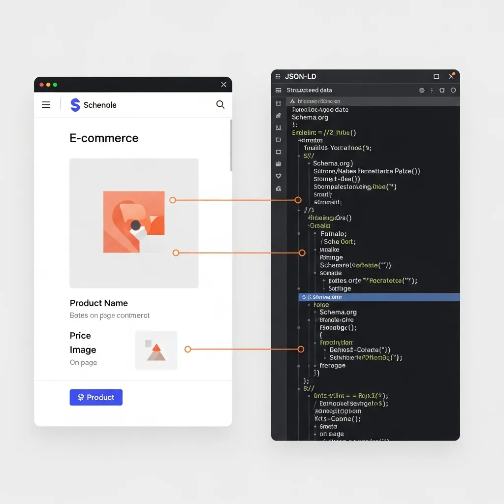 Diagram mapping website product details to JSON-LD Schema.org properties for search engine optimization.