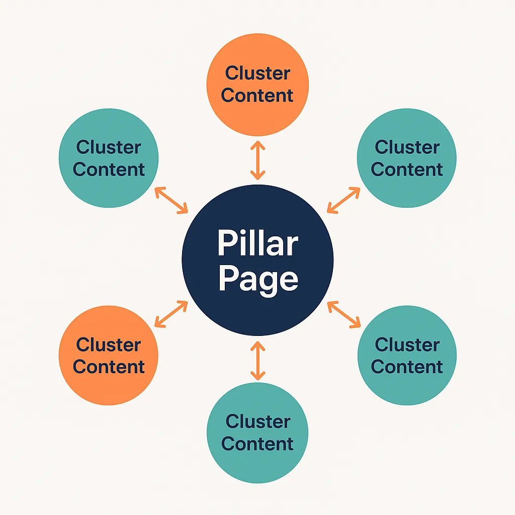 Diagram of a central pillar page and surrounding topic clusters with bidirectional internal links for SEO.