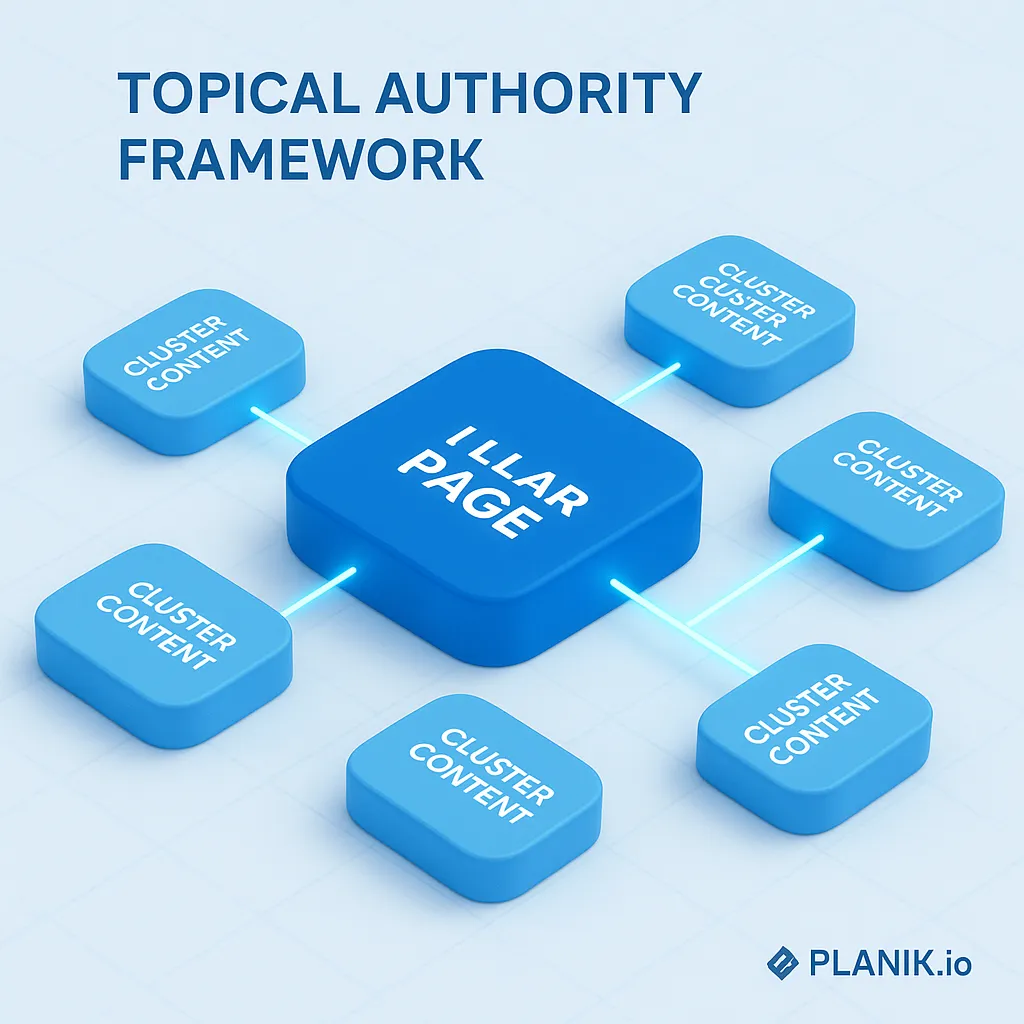 Diagram of a central pillar page connected to surrounding cluster articles via internal links for topical authority.